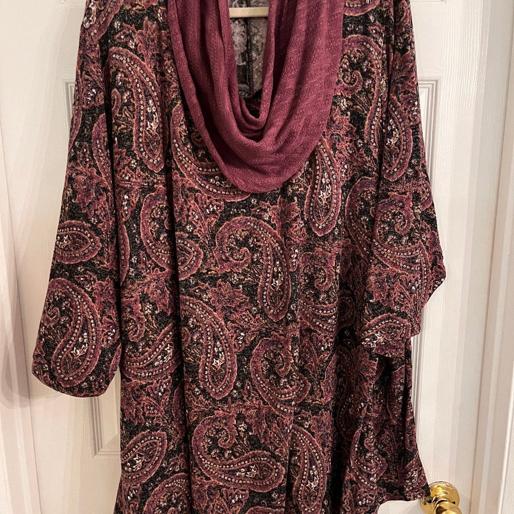 Catherines,  Knit Tunic, 3/4 Length Sleeve with Scarf, Gray & Purple, Size 5X